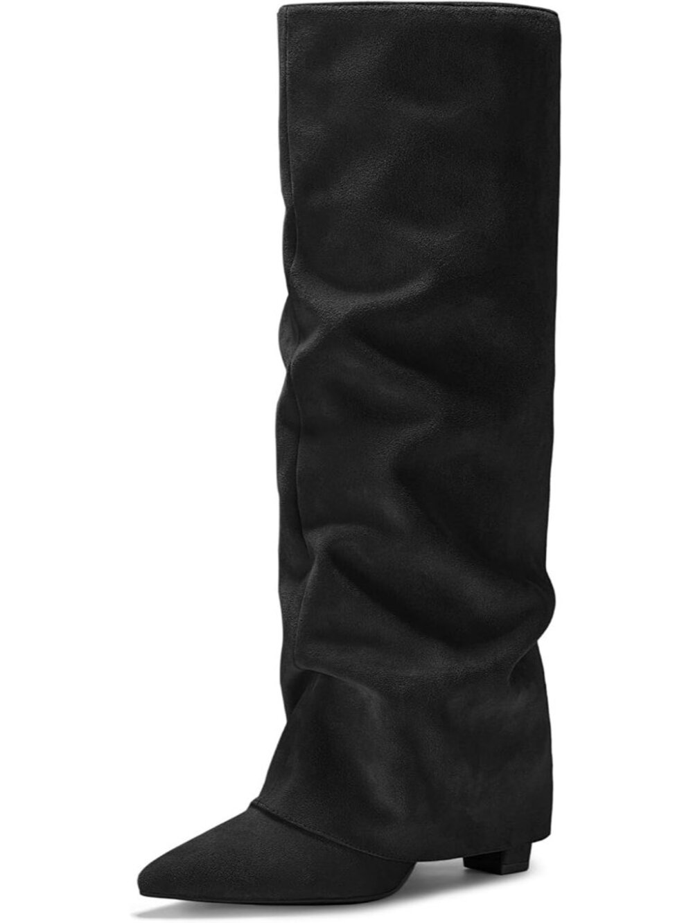 Women's Black Suede Pull on Shark Slouchy Fold Over Tall Pointed Toe High Boots